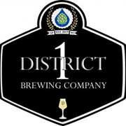The District 1 Brewing Company logo in white text on a black background, featuring a hop icon and a glass silhouette.