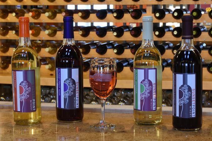 Four wine bottles and a glass of rosé are lined up on a counter in front of a wine rack.
