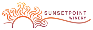 A stylized orange and brown logo for Sunsetpoint Winery featuring a sun graphic with swirled rays above the text.