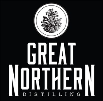 Logo for Great Northern Distilling featuring a pinecone inside a white circle above bold text on a black background.