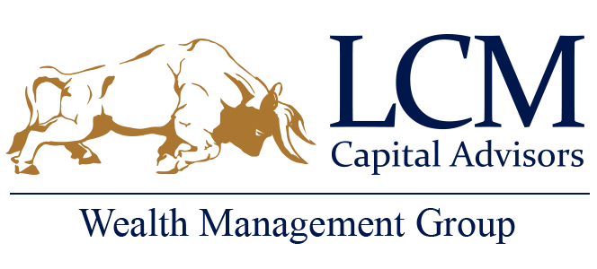 Logo of LCM Capital Advisors with a bull, navy blue text, and a light blue horizontal line.