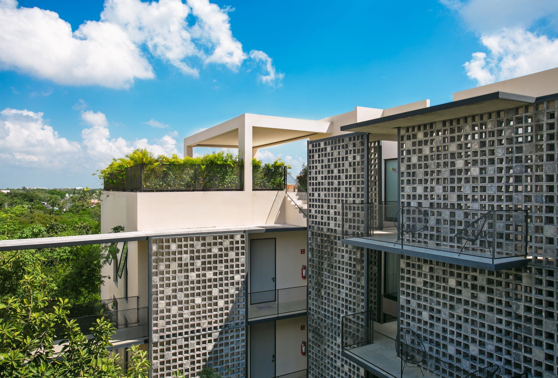 Fachada moderna de un edificio con celosías de hormigón estampadas y vegetación en la azotea bajo un cielo azul despejado