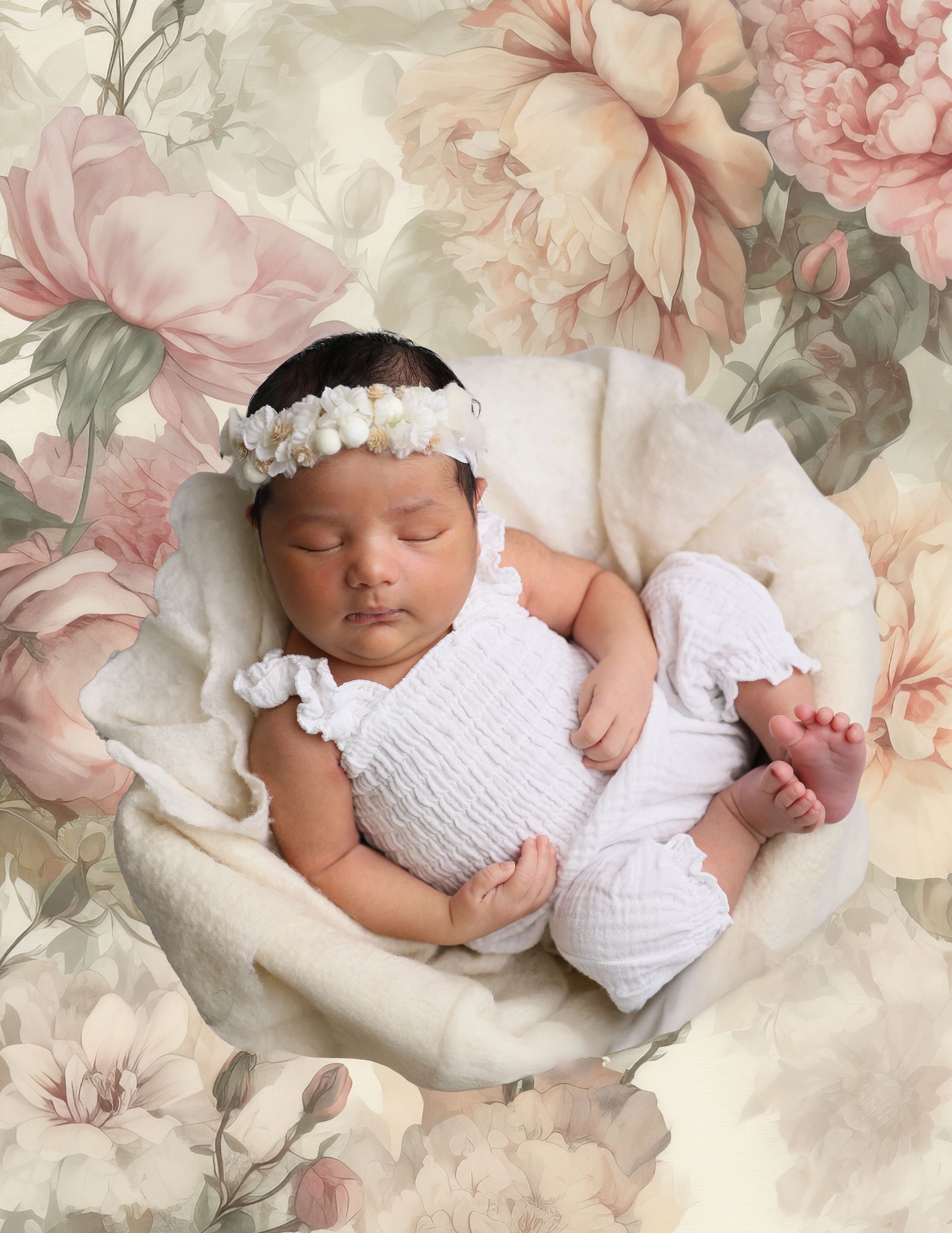 Newborn in white outfit and floral headband, nestled in a soft blanket, with a floral background.