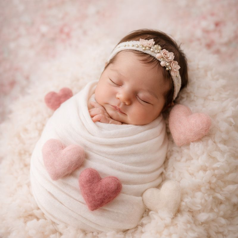 Newborn wrapped in a white blanket, wearing a floral headband. Pink felt hearts surround the baby on a fluffy surface.