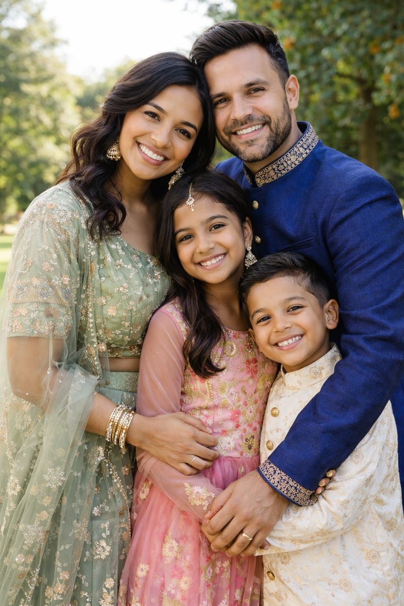 Smiling parents and children in a close, joyful family portrait emphasizing connection.