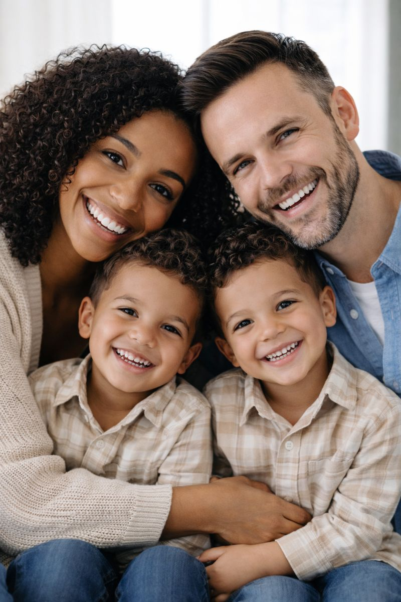 Family portrait of parents embracing their two young children, natural light studio photography