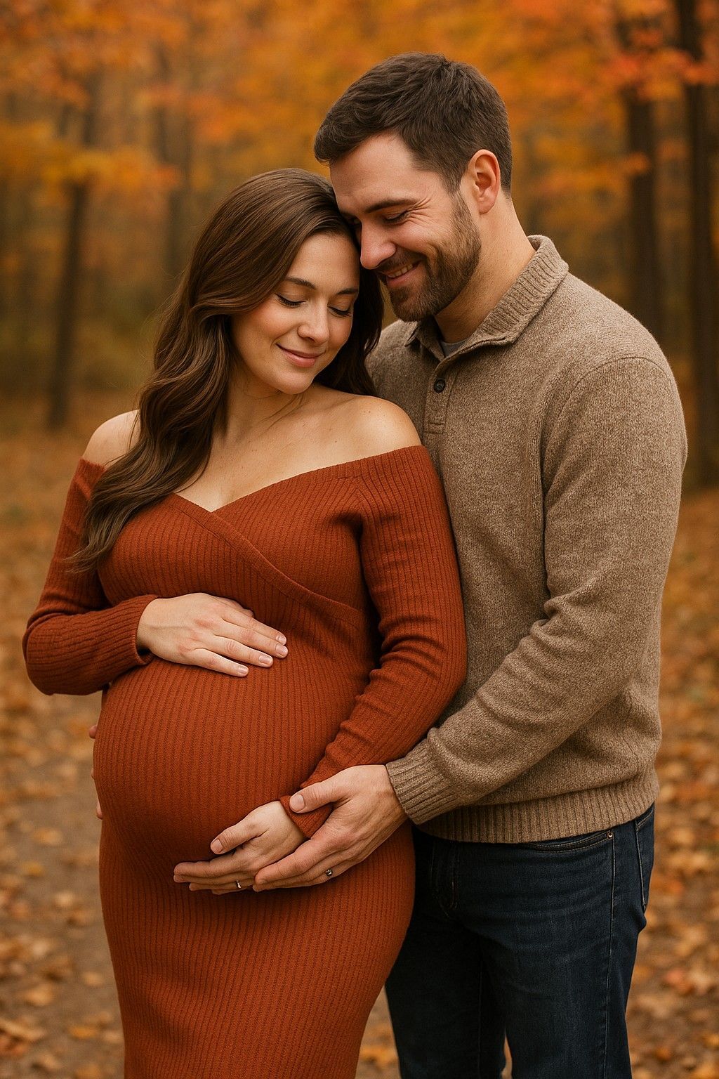 Pregnant woman in rust-colored dress cradles her belly, man in sweater embraces her; autumn foliage backdrop.