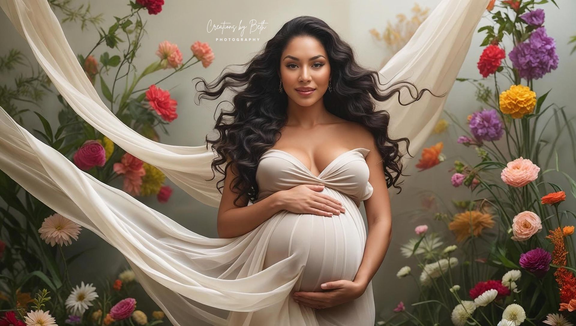 Pregnant person in strapless gown, holding belly, surrounded by flowers and draped fabric.