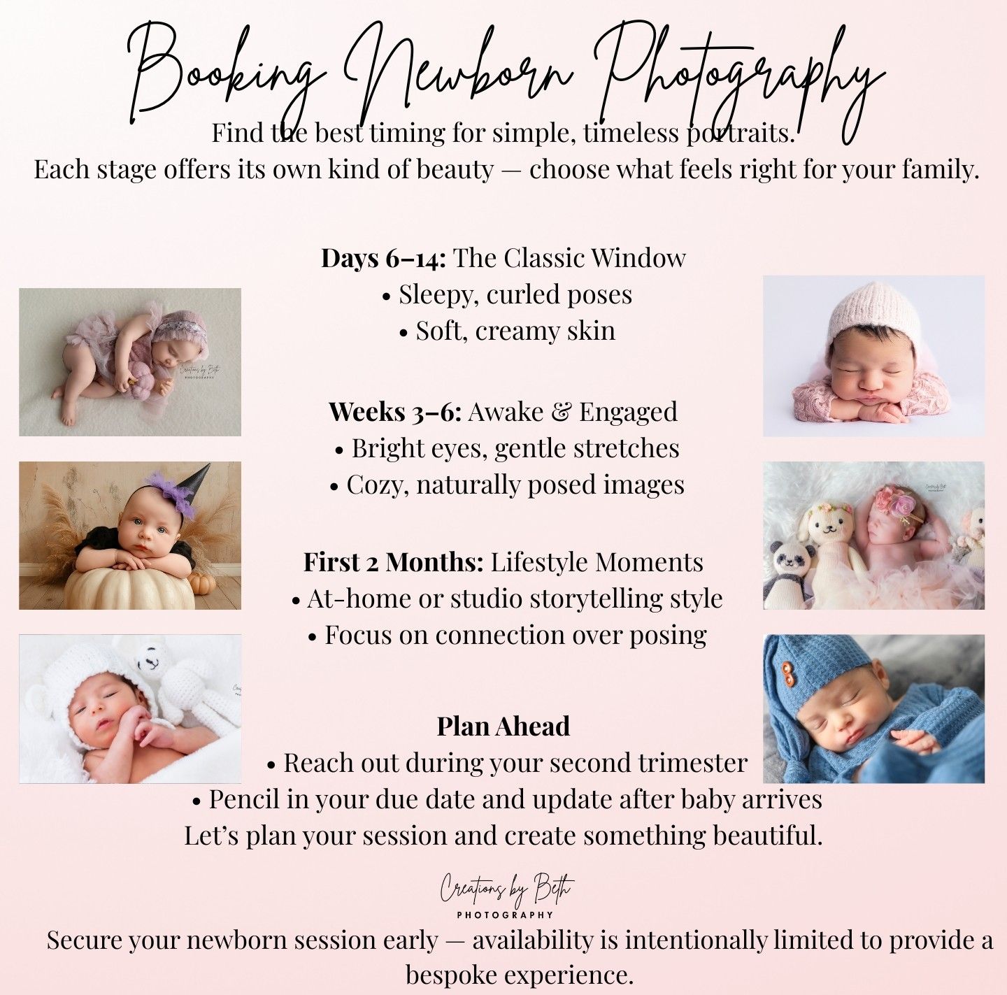 Newborn photography ad: Sleepy baby portraits, details on timing, and poses.