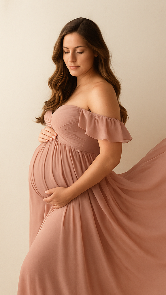 Pregnant woman in pink off-shoulder gown, hands on belly, against a cream backdrop.