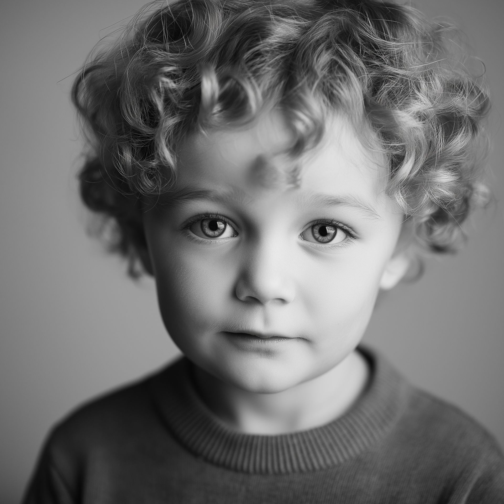 Boy with curly hair gazing directly at the viewer in a black and white studio portrait.
