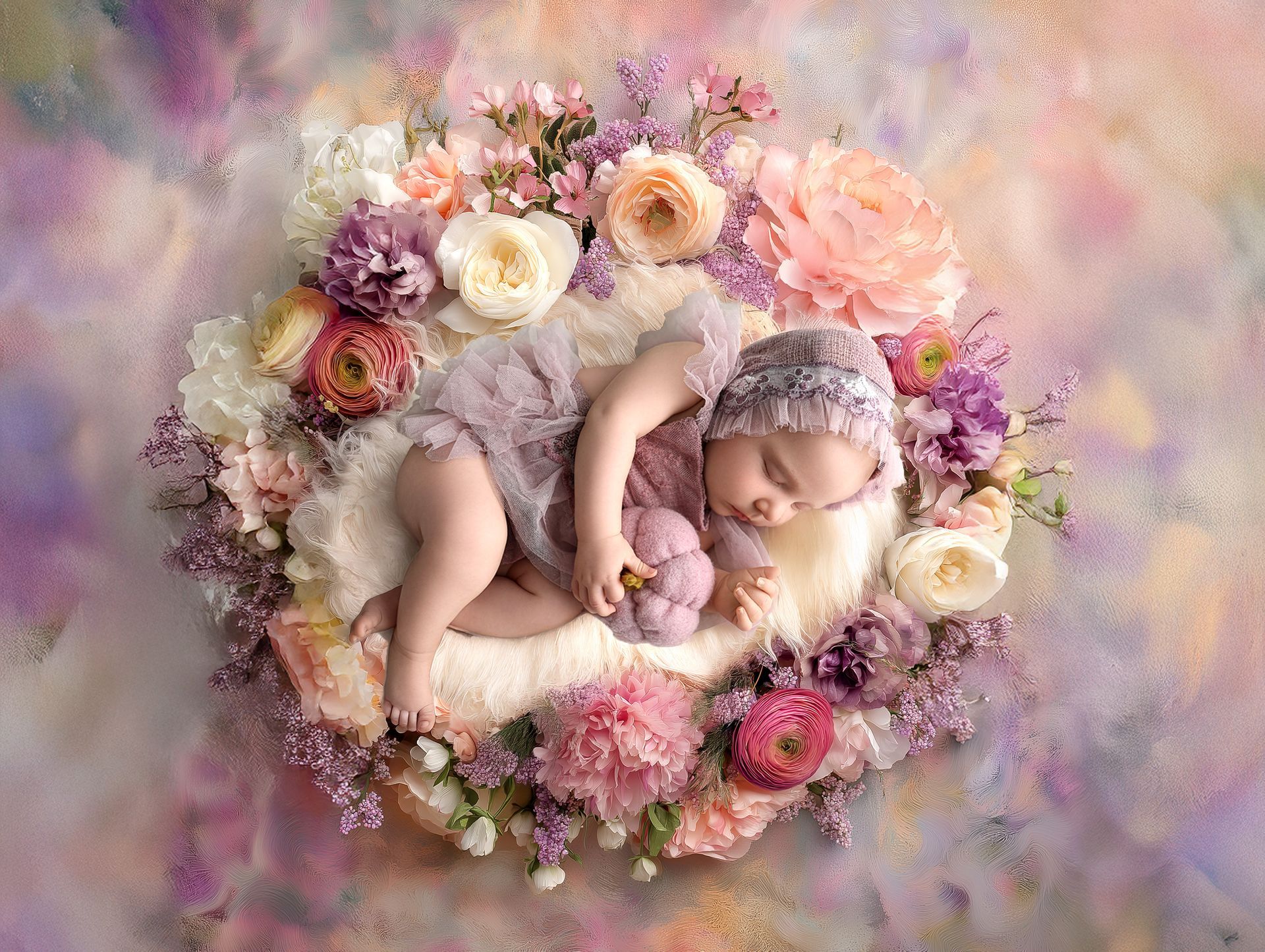 Newborn baby asleep, cradled in a floral wreath. Pastel colors dominate: pink, purple, and white.