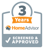 HomeAdvisor badge: 3 years screened and approved. Grey, orange, and white logo.
