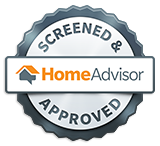 HomeAdvisor "Screened & Approved" badge with orange and blue logo on a silver background.