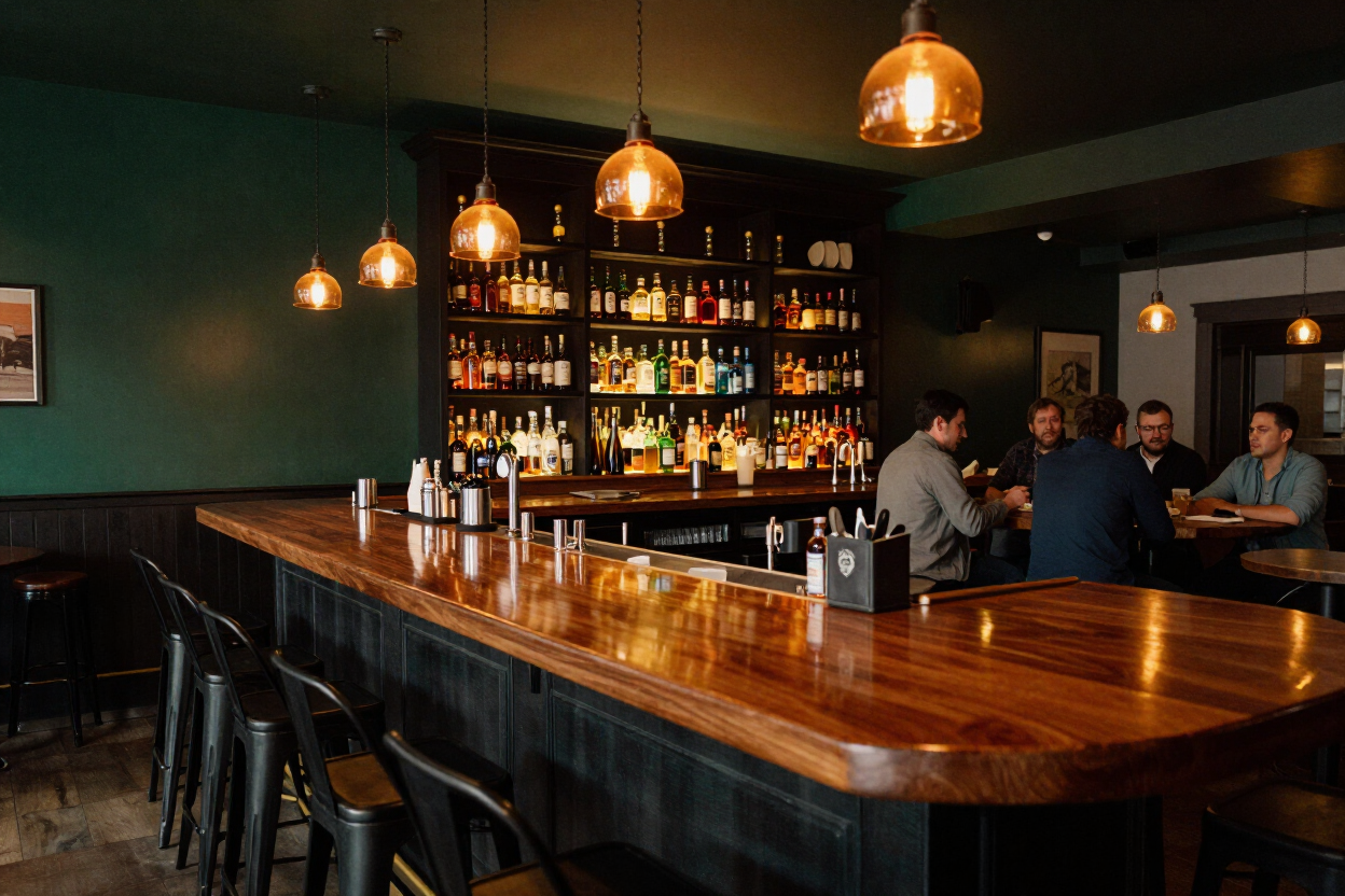 Bar interior with warm amber lighting and polished wood bartop