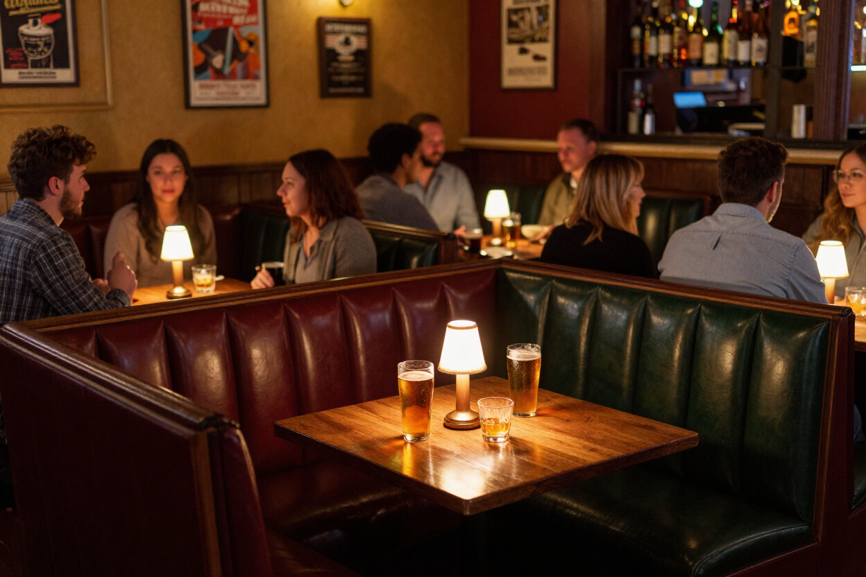 Booth seating area with warm low lighting and evening crowd