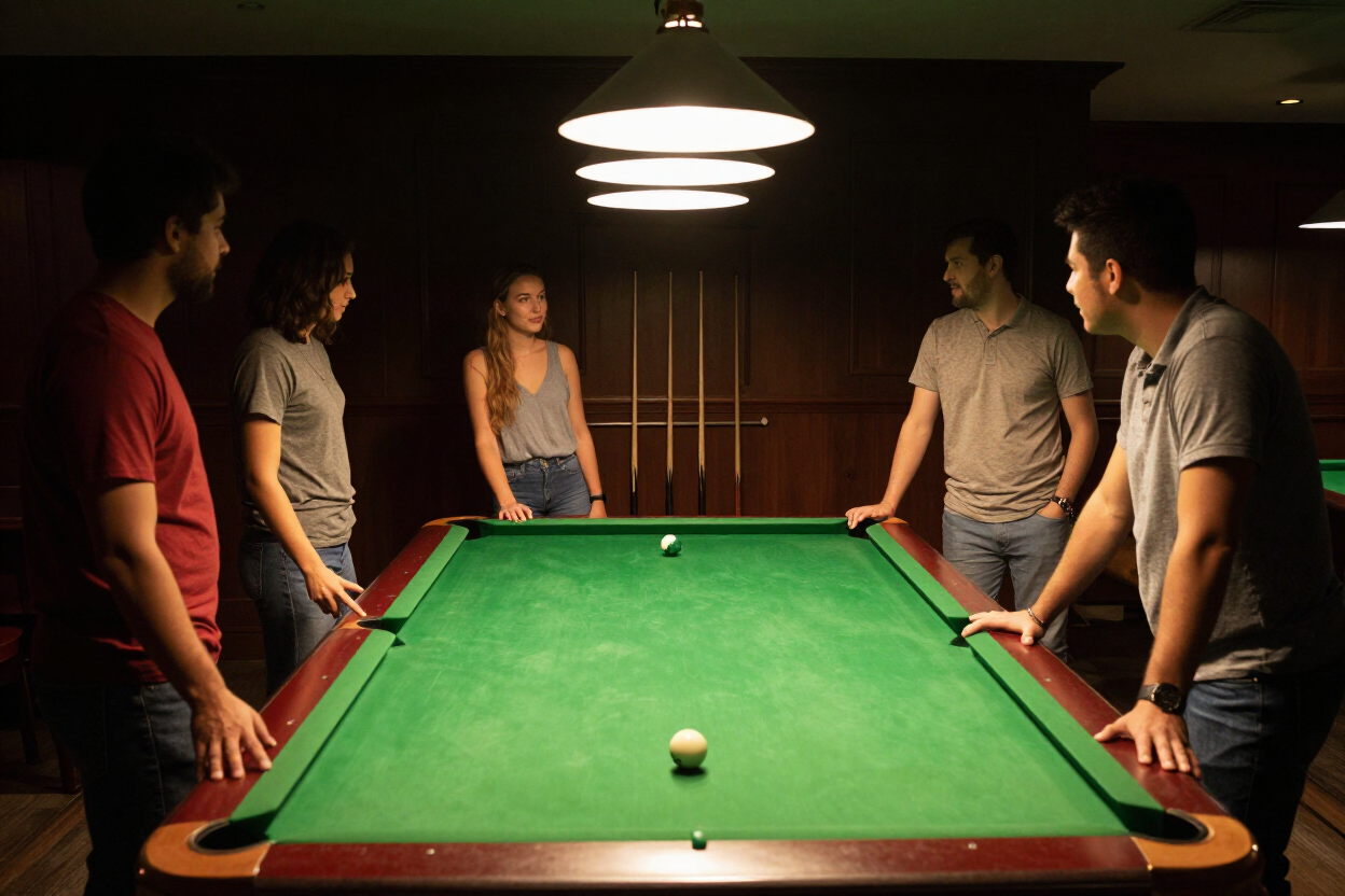 Pool table room with friends playing under warm overhead lighting