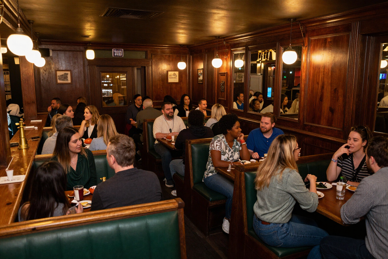 Full pub room showing bar, booths, and lively neighborhood crowd