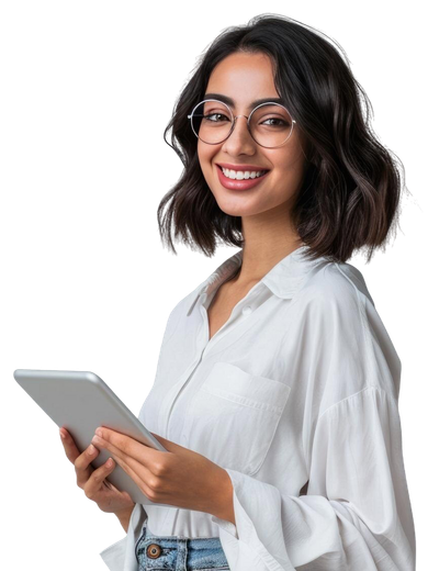 Profesional sonriente representando atención personalizada en soluciones audiovisuales y tecnológicas para empresas