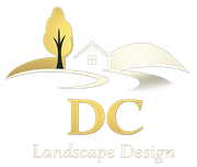 Golden landscape design logo featuring a house, tree, pathway, and initials "DC."