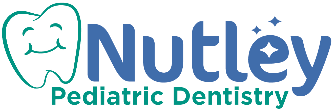 The logo for nutley pediatric dentistry has a tooth with a smile on it.
