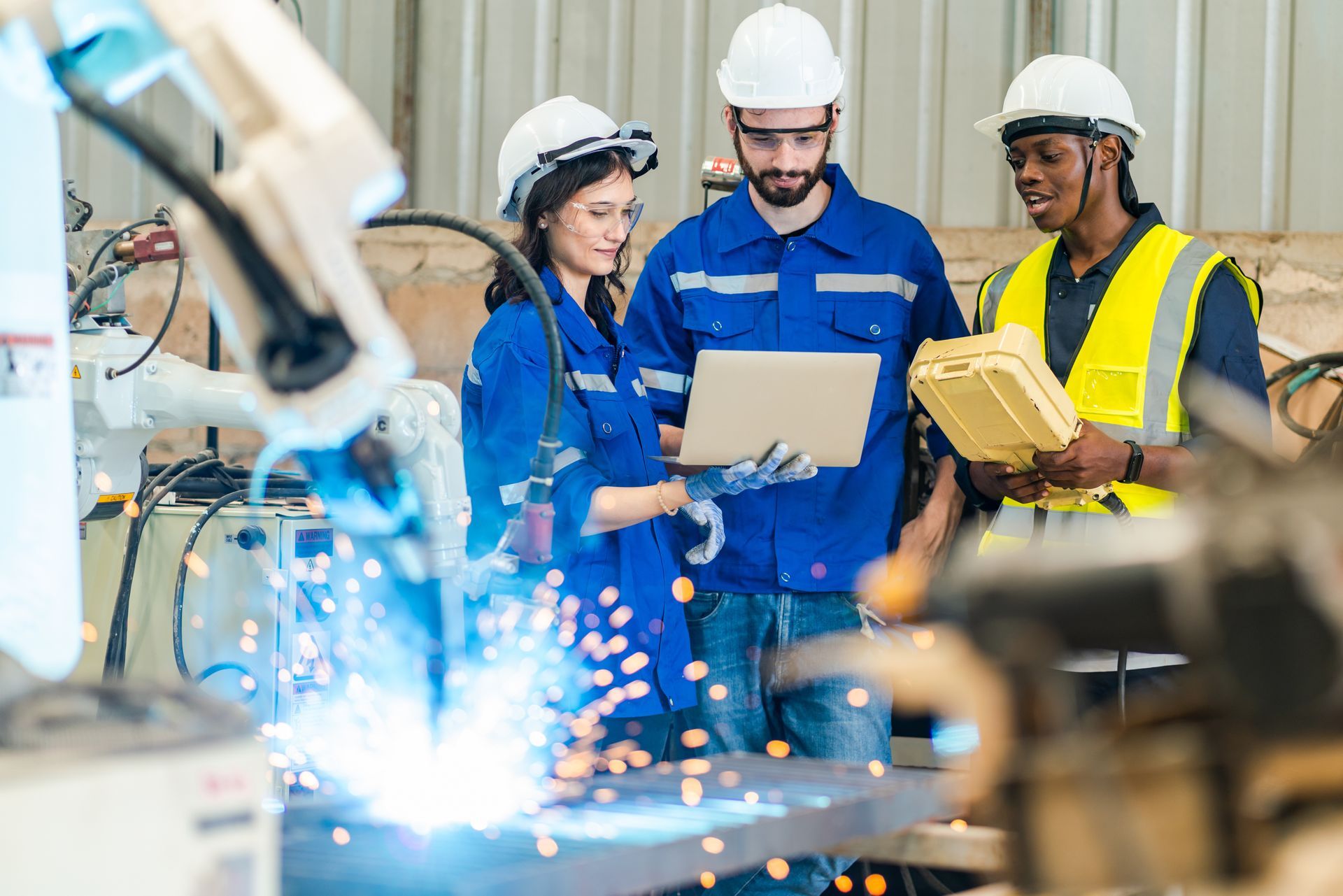 Three people in hard hats and workwear examining a laptop and welding sparks in a factory.