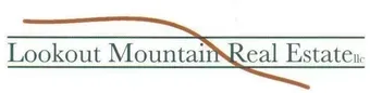 A logo for lookout mountain real estate with a broken line through it.
