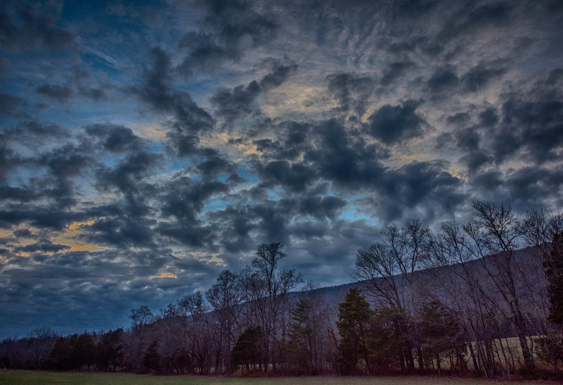 A cloudy sky over a field with trees in the foreground and a mountain in the background.
