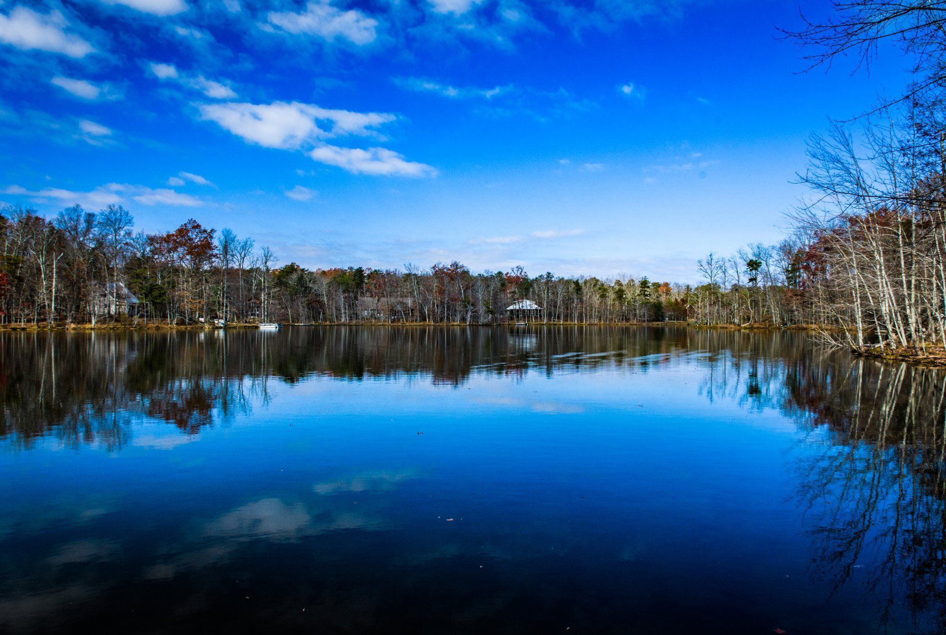 A lake with trees on the shore and a blue sky reflected in the water.