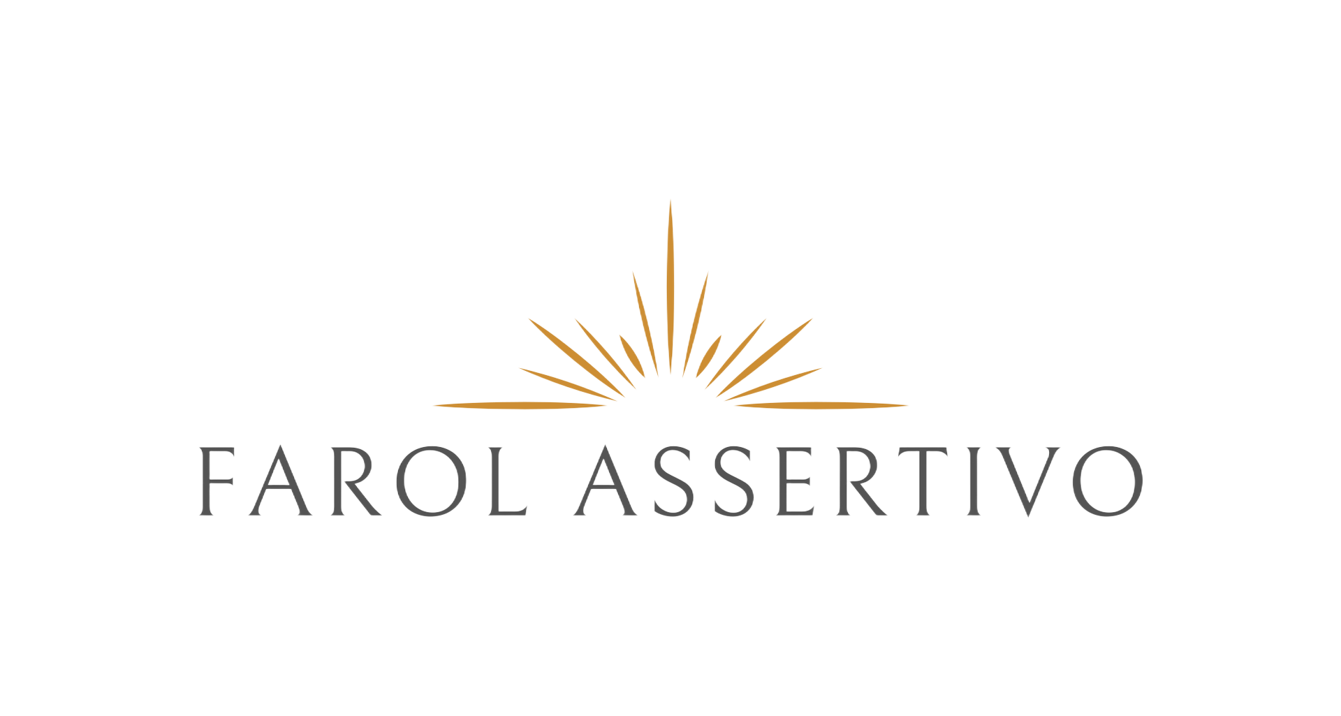 Logotipo da Faro Assertivo com linhas douradas em estilo de nascer do sol sobre texto serifado cinza em fundo branco.