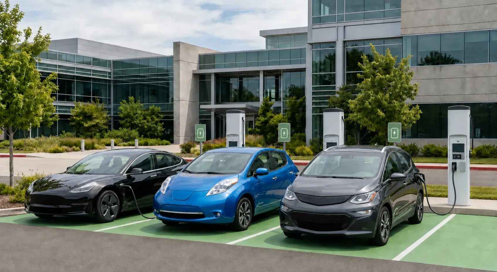 Commercial EV charging spaces serving vehicles outside a Santa Rosa office building