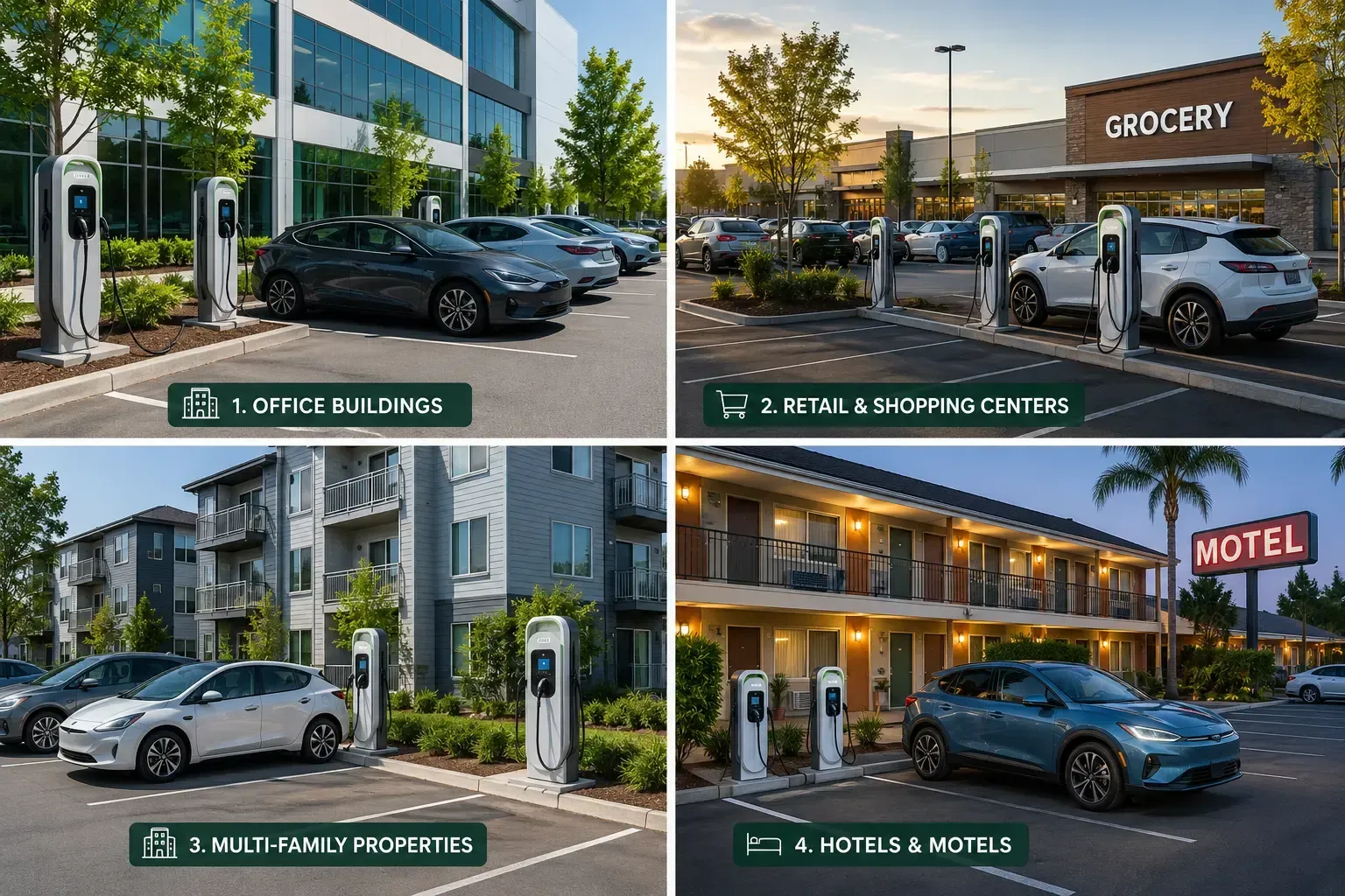 Collage showing EV charging stations at an office building, retail shopping center, multi-family apartment community, and hotel or motel.