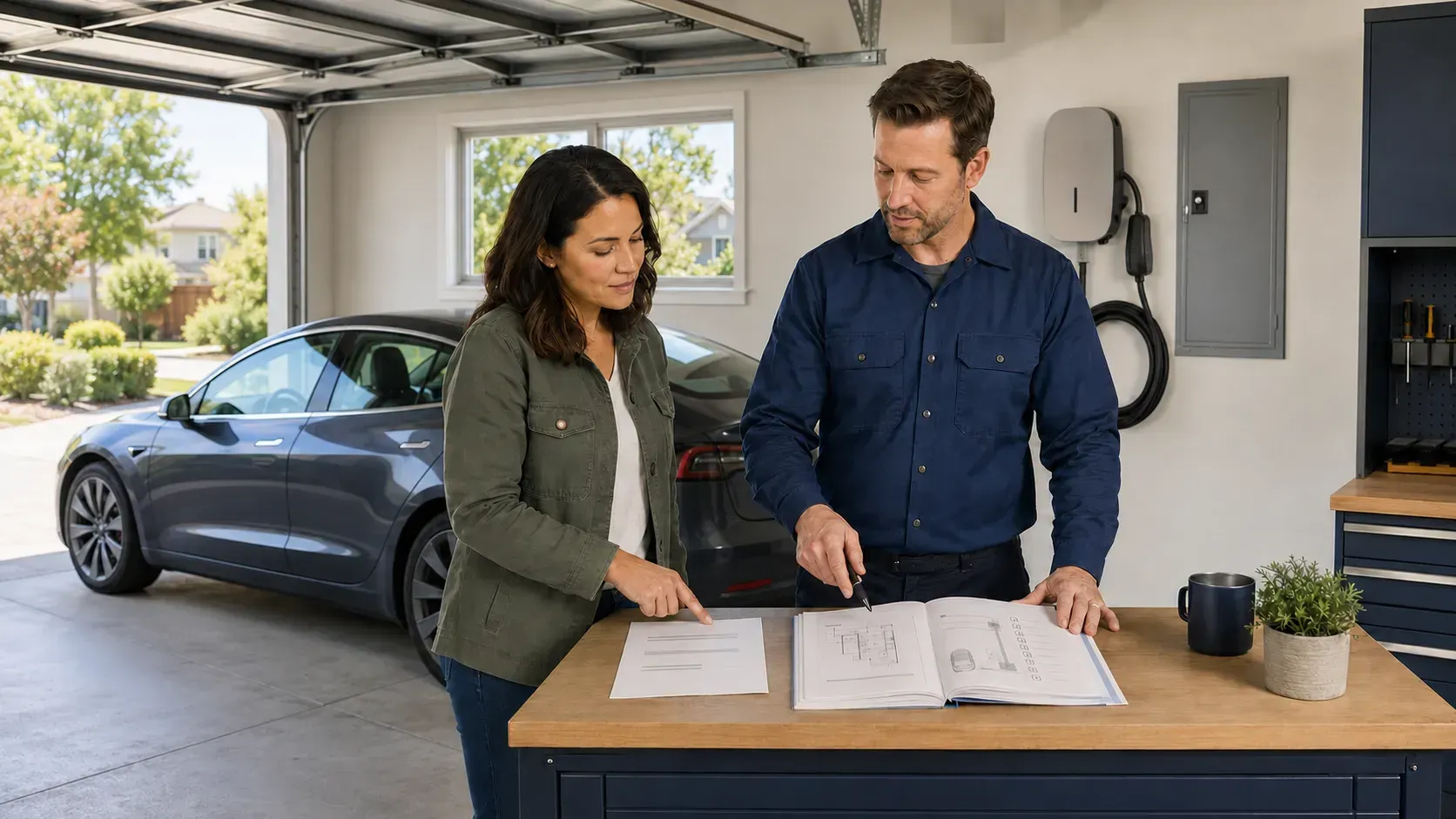 Homeowner comparing EV charger installation proposals with a professional electrician