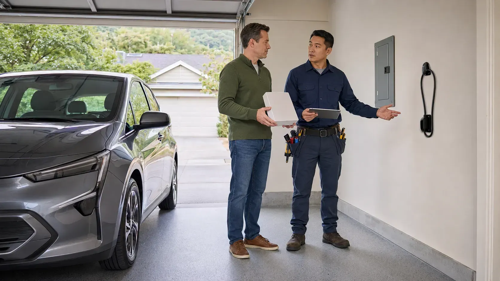 Homeowner discussing a planned Level 2 EV charger installation with a professional electrician