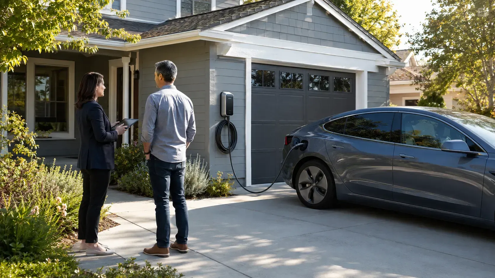 Electric vehicle charging at a professionally installed outdoor charger beside a Santa Rosa home