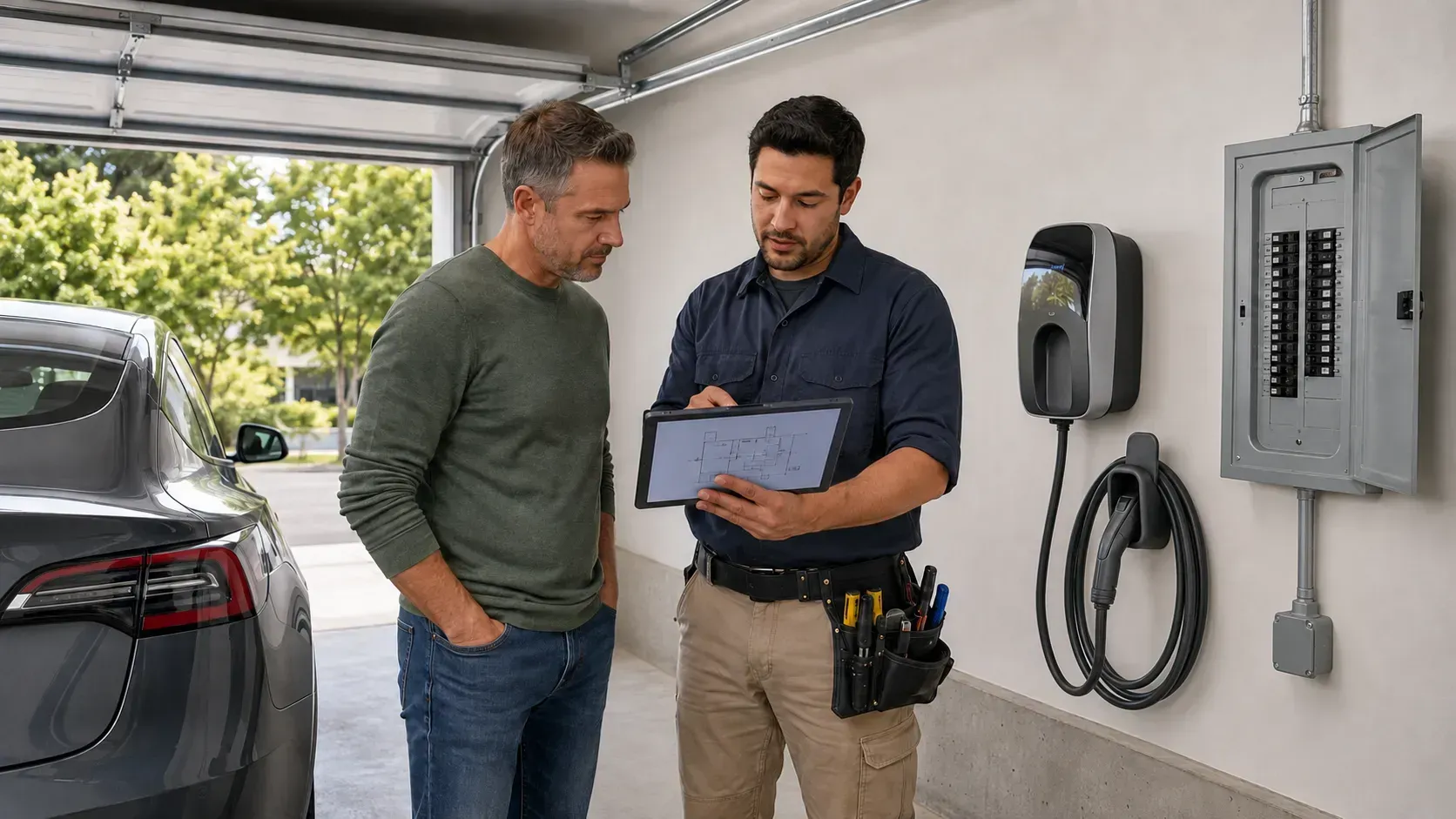 Homeowner reviewing a garage EV charger installation plan with an electrician in Santa Rosa