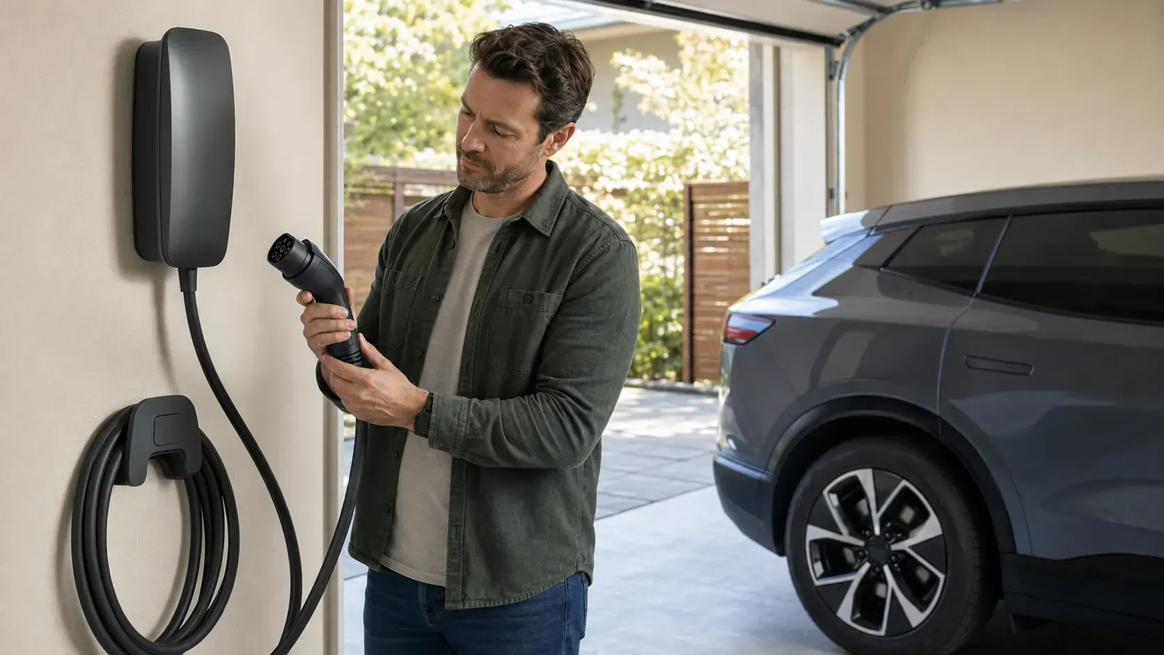 Homeowner visually inspecting an EV charging connector and cable for signs of wear