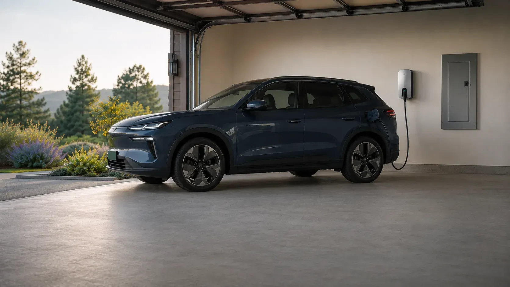 Electric vehicle connected to a professionally installed home charger in a Santa Rosa garage