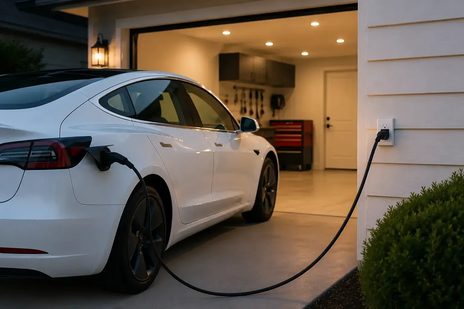 White electric sedan charging from a standard 120-volt household outlet outside a residential garage.