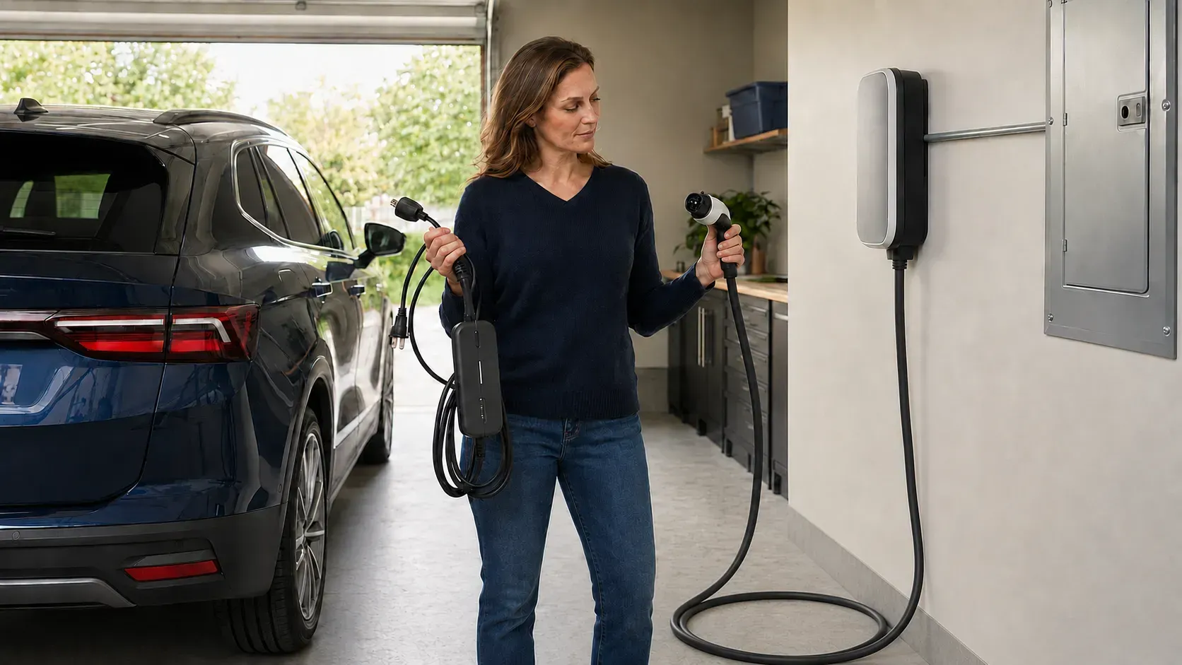 Homeowner comparing Level 1 and Level 2 EV charging cables beside an electric SUV