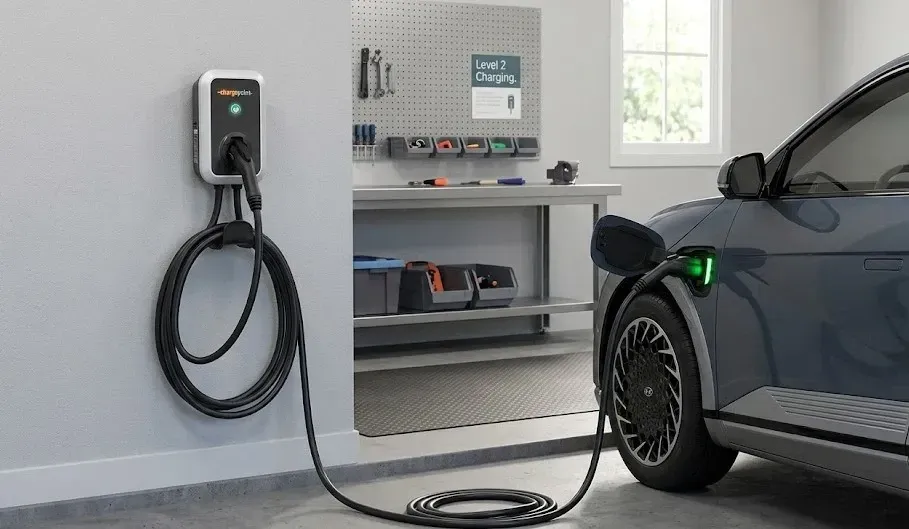 Electric vehicle connected to a Level 2 home charger installed on an interior garage wall.