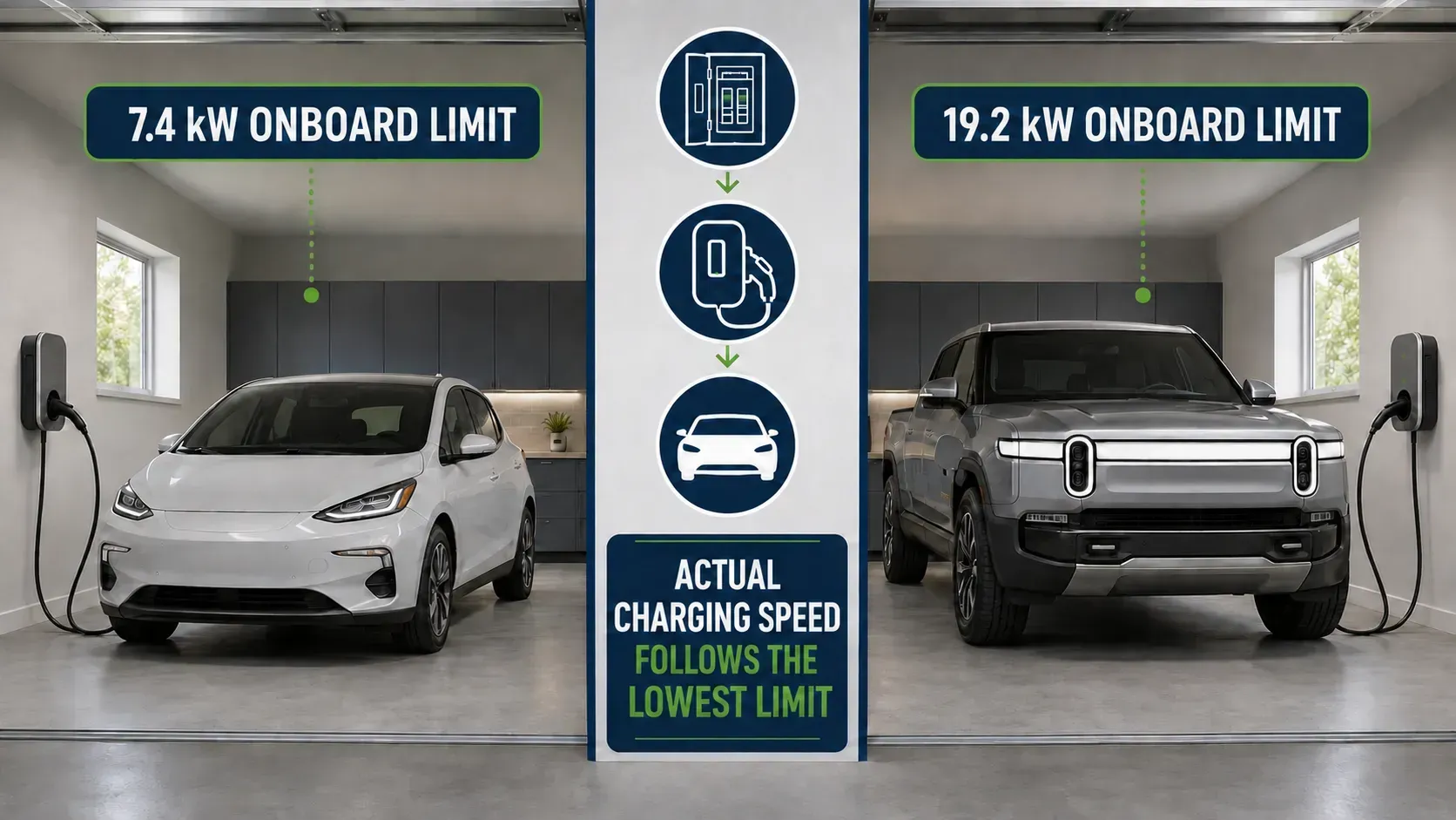 Comparison of compact and large electric vehicles with 7.4 kW and 19.2 kW onboard charging limits
