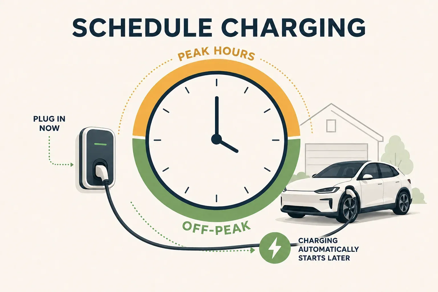 Smart EV charger scheduled to charge a vehicle during off-peak hours