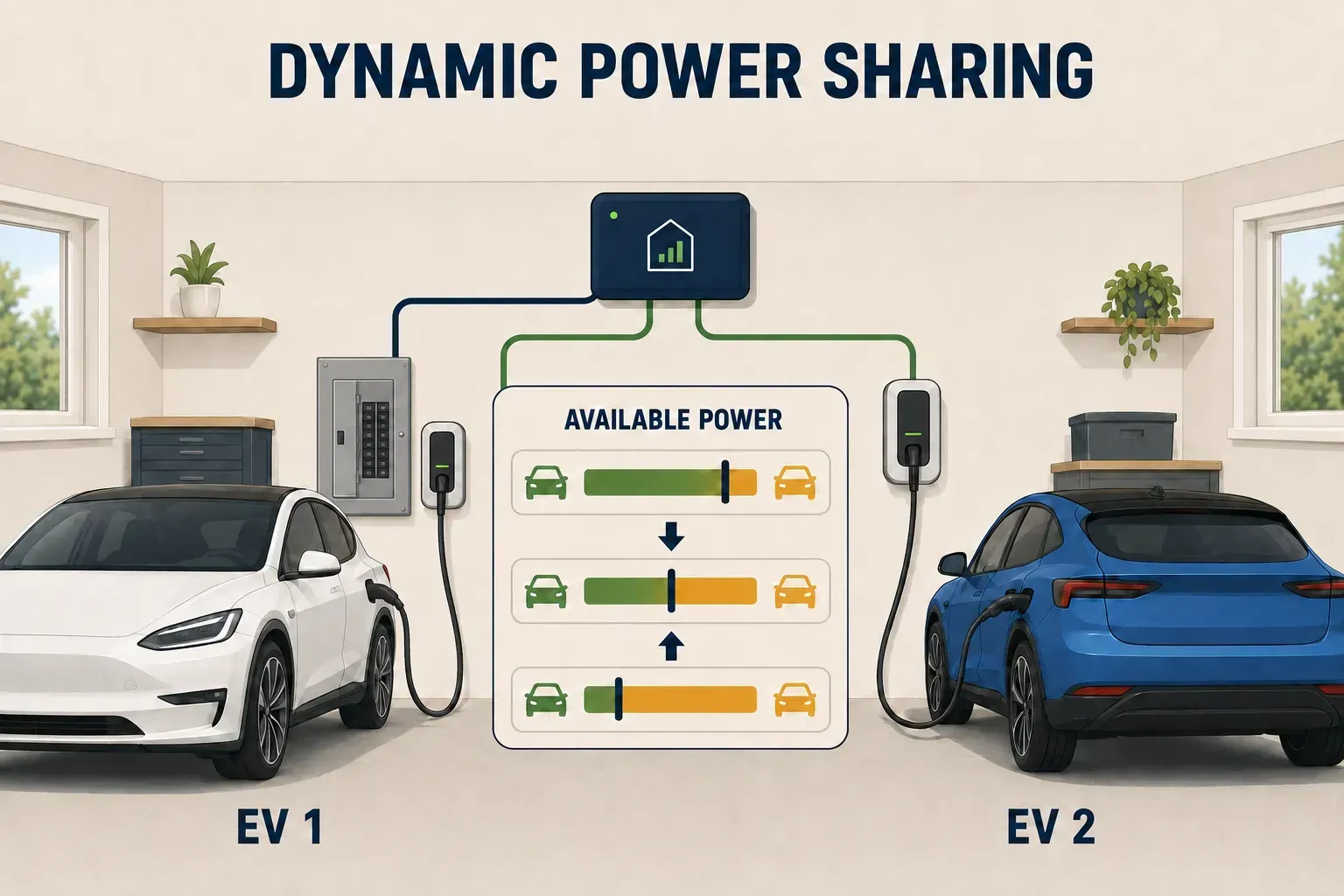 Two electric vehicles sharing available home charging capacity through dynamic power management