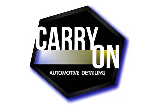 Carry On Automotive Detailing logo with white text on a black pentagon, a blue and gold bar, and the words "Automotive Detailing."