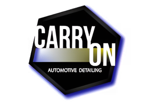 Carry On Automotive Detailing logo with white text on a black pentagon, a blue and gold bar, and the words "Automotive Detailing."