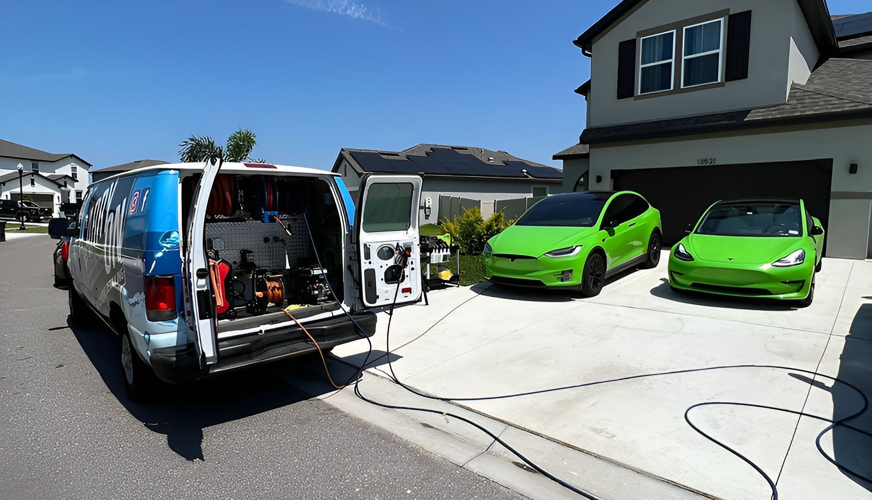 Van connected to two green EVs parked in front of a house, charging.