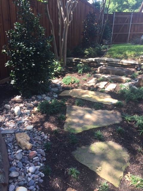 Stone path through a landscaped garden with a tree, rocks, and green plants.