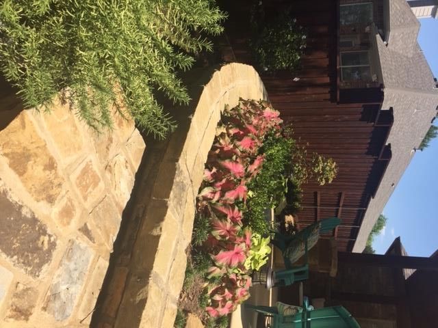 Stone retaining wall with pink and green plants, next to a wood-paneled building under a blue sky.