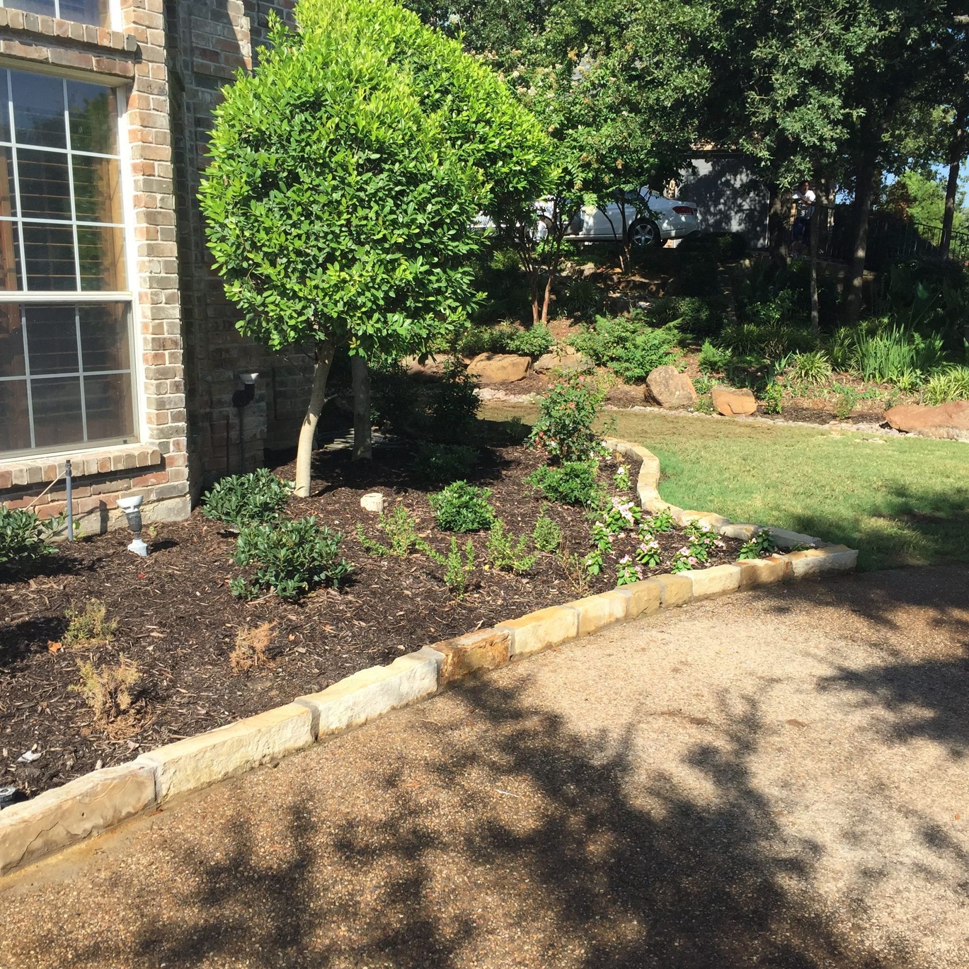 Front yard landscaping with a tree, flowerbeds, and stone border.